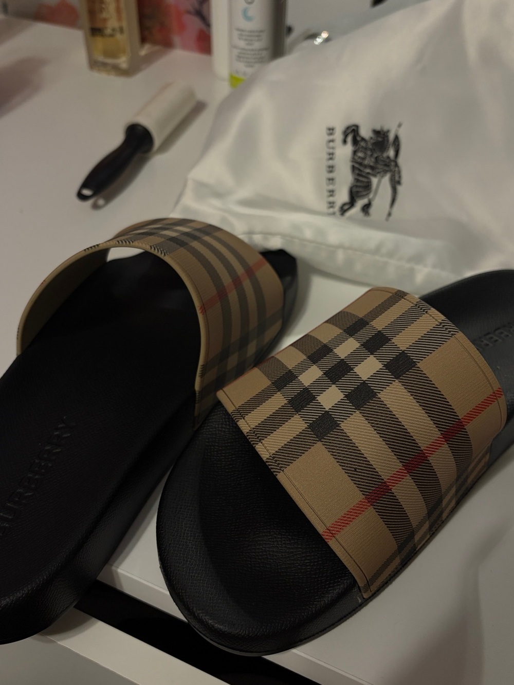 Burberry Tan Nova Check Slide Sandals with Black Footbed - Picture 1 of 2